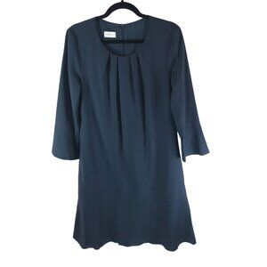 Rene Lezard Dress Long Sleeve Pleated Neckline A Line Pockets Navy Blue 38 US 8